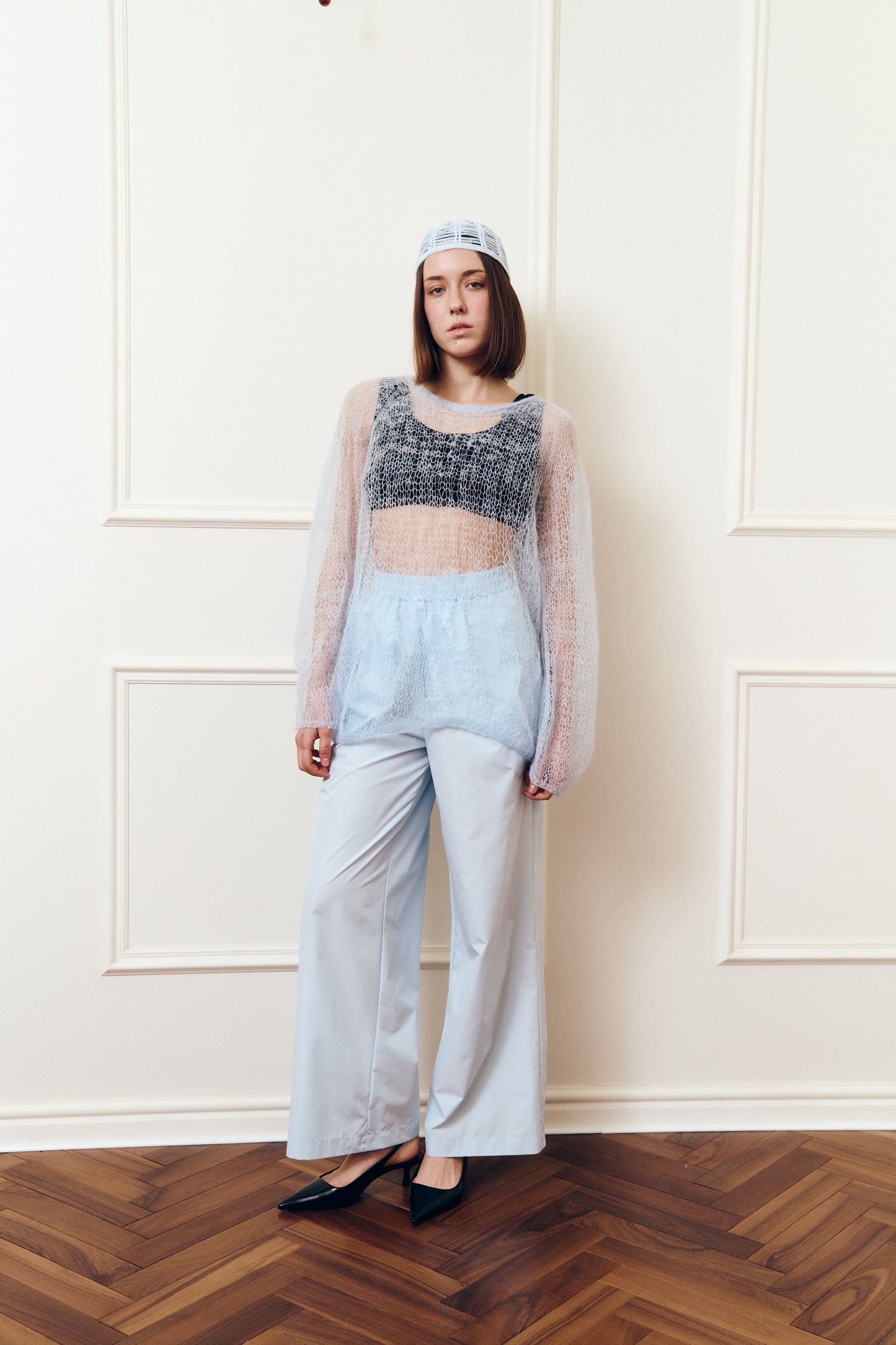 Шапочка в`язана вручну бавовняна блакитна SKY KNIT