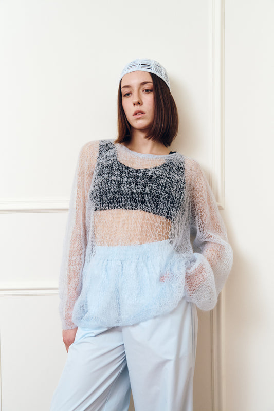 Шапочка в`язана вручну бавовняна блакитна SKY KNIT